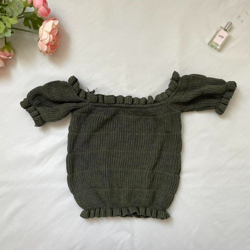 Crotchet Dark Green Off the Shoulder Crop top
